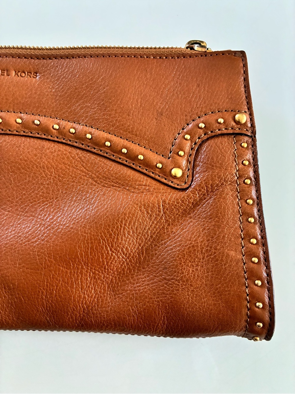 VTG Michael Kors Cognac Lamb Leather Western Scalloped Studded Zip Clutch-READ - Picture 9 of 15